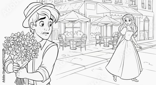 Coloring page for children - a young man nervously holds a bouquet of flowers, trying to hide them from a girl.