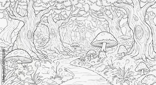 A coloring page for children is a wide, winding forest path with twisted, ancient trees from a fantasy forest.