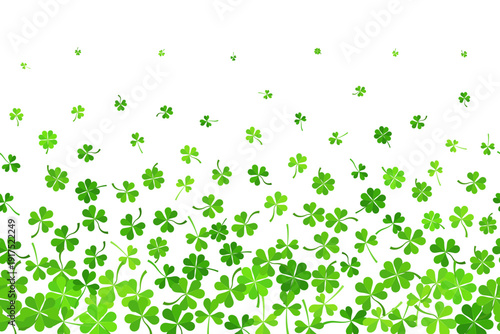 St. Patricks Day shamrock background with falling clover leaves. Lucky four-leaf symbols. Green Irish border design for spring celebration banners and festive cards. Vector illustration