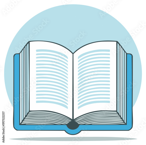 Open book illustration featuring a blue cover and text lines on white pages with a light blue background circle