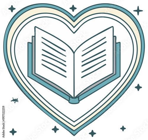 Open book with stars inside a heart shape with soft pastel colors symbolizing love of reading and knowledge