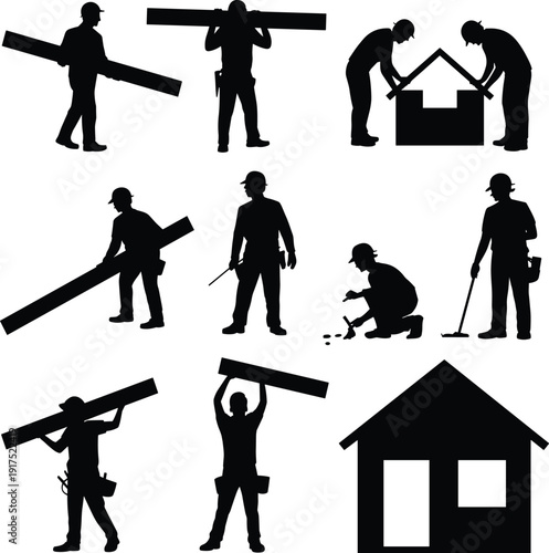 Construction worker silhouettes set with builders carrying timber, installing roof structure, measuring and assembling house frame isolated on white background vector illustration