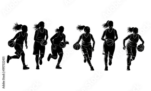 Dynamic female basketball player silhouette jump shot action vector