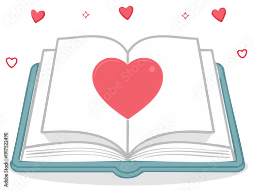 An open book with a large heart on its pages symbolizing a love story or romance novel