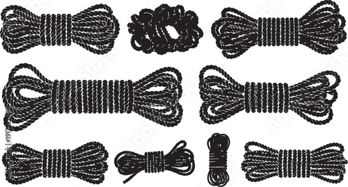 Collection of black ropes and cords in various styles