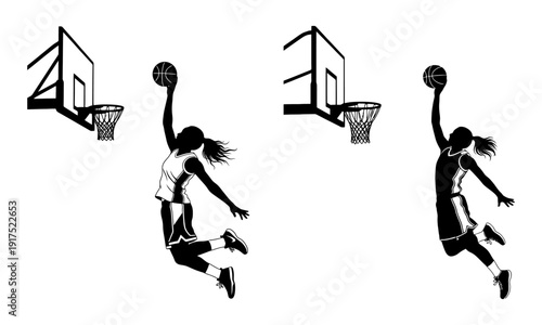 Dynamic female basketball player silhouette jump shot action vector illustration