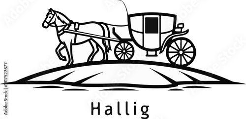 Horse-drawn carriage silhouette atop a stylized landscape with the word "Hallig