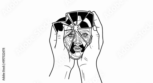 Fragmented face seen through a shattered mirror held by two hands