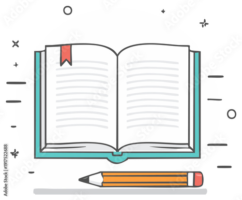 Open Book with Bookmark and Pencil Illustration of Education and Reading for Students