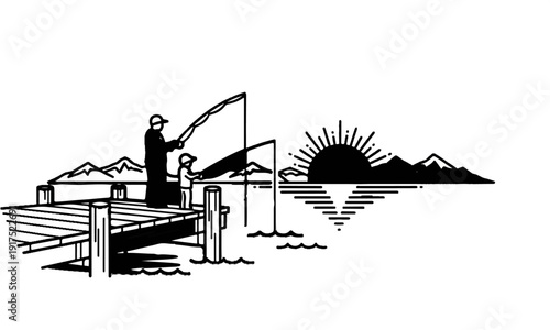 Father and child fishing at sunrise on a wooden pier with mountains