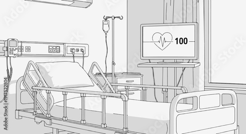 Hospital room with patient bed, IV drip, and monitor showing heartbeat