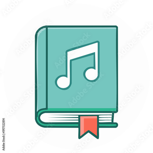 Turquoise book with musical notes and a bookmark symbolizing knowledge and harmony