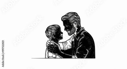 Father and son sharing a tender moment in a black and white illustration