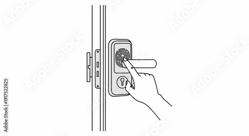 Hand using fingerprint scanner on a door handle for entry