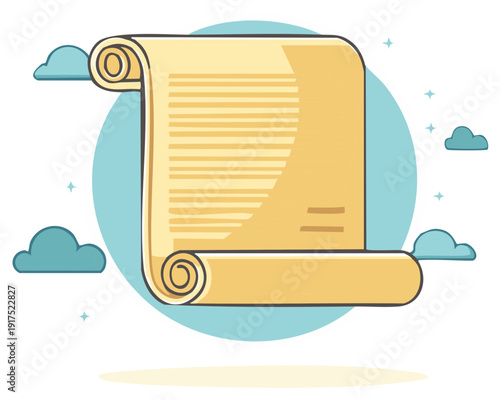 Illustrated ancient scroll with text, clouds, and stars floating in a blue circle