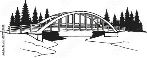 Line drawing of an arched bridge spanning a river with pine trees on the banks