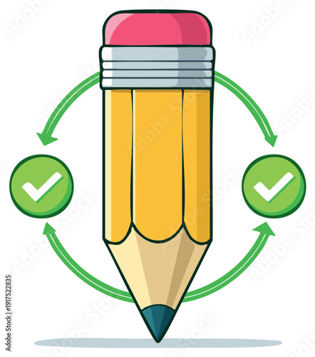 Pencil with arrows and check mark circles for feedback process or workflow approval symbol concept