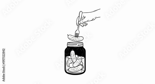 Hand using fork to pick a pickle from a glass jar filled with pickles