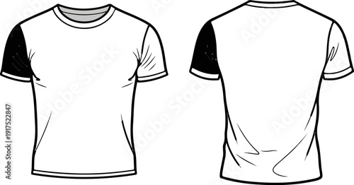 Front and back view of a white t-shirt with black sleeves