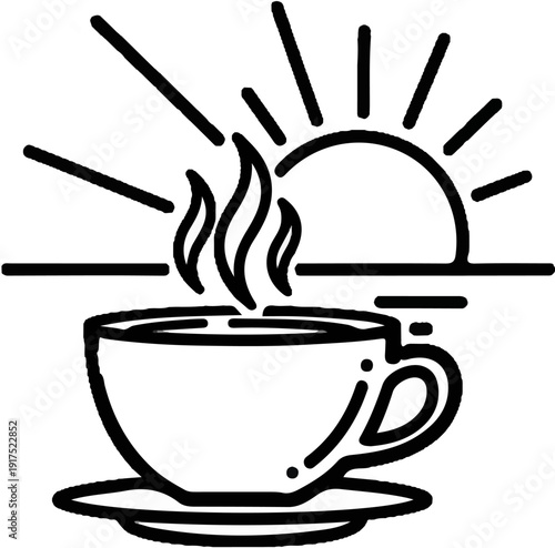 Hot beverage in a cup steaming with sunrise rays in the background