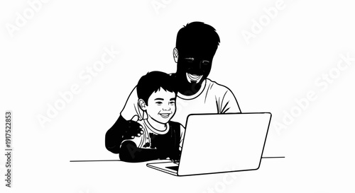 Father and son happily engage with a laptop, sharing a moment of connection