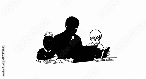Father supervises two children drawing and reading, a laptop on desk