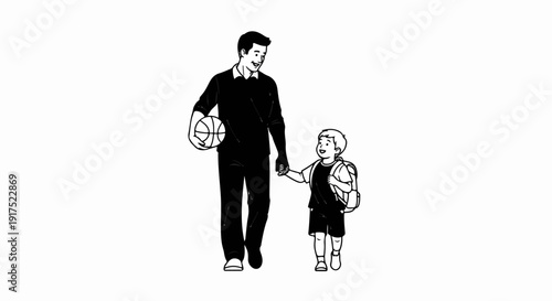 Father and son walking together, holding hands, with a basketball and backpack
