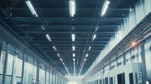 Future technology production hall interior with clean reflective floor and bright lighting, representing innovation, logistics, automation, and manufacturing concepts