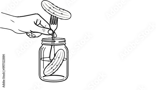 Hand with fork lifts pickle from jar of pickled cucumbers and liquid