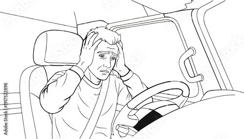 Frustrated driver grips head in distress inside a vehicle