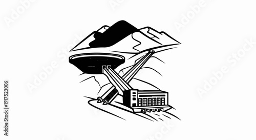 Hydroelectric dam with power plant and mountains in background