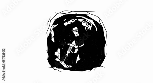 Miner with jackhammer in dark cave, dust clouds visible