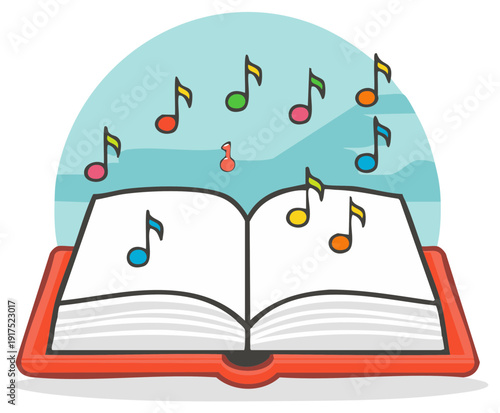 Whimsical open book with vibrant musical notes rising from pages cartoon illustration