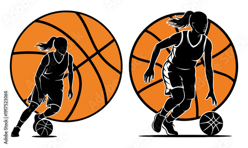 Female basketball player silhouette jump shot action - dynamic vector illustration