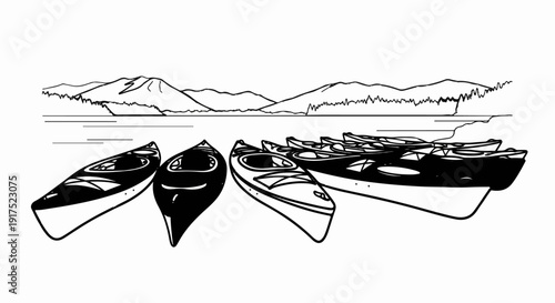 Line drawing of kayaks lined up on a shore with mountains in the background