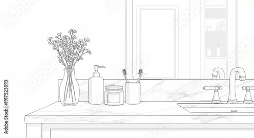 Minimalist bathroom counter with floral arrangement and toiletries