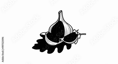 Hand-drawn black and white illustration of a garlic bulb with cloves