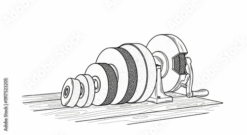 Hand-cranked sharpening wheel with graduated grinding stones on wooden surface