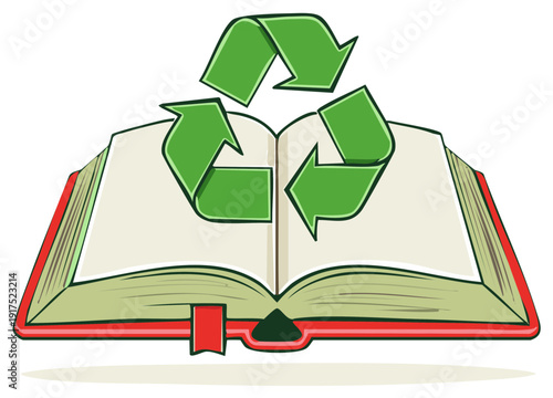 Open book with a green recycling symbol representing sustainable education and paper reuse.
