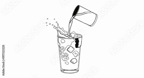 Liquid poured into a glass with ice cubes creating a splash