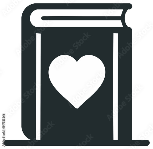 A closed book with a prominent white heart symbol on its dark cover a graphic illustration