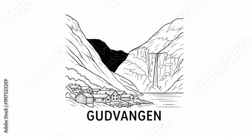 Line drawing of village nestled between steep mountains and a waterfall
