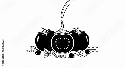 Liquid pouring onto a sliced tomato with whole tomatoes, olives, and basil