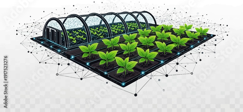 Futuristic greenhouse farm with digitally connected seedlings under a network grid