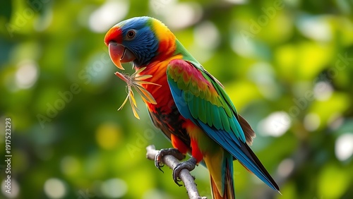 disarranged. A colorful parrot preening a feather on a branch, soft morning light. wildlife magazines, conservation campaigns, designed for eco-tourism storytelling.