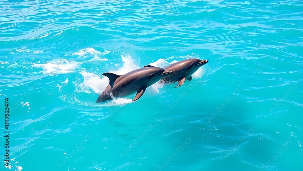 Obraz premium unanimity. Three dolphins leaping together in clear blue ocean water under sunlight. wildlife magazines, conservation campaigns, designed for eco-tourism storytelling, supports conservation.