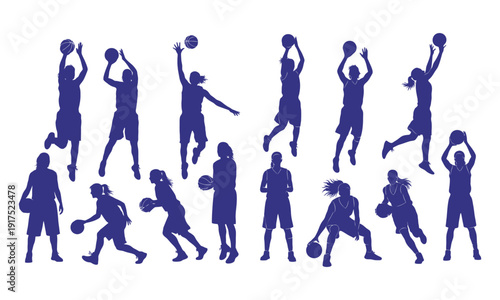 Dynamic female basketball player silhouette jump shot action vector illustration