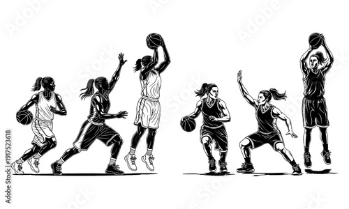 Dynamic female basketball player silhouette jump shot action vector art