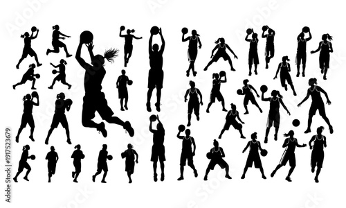 Dynamic female basketball player silhouette jump shot action vector
