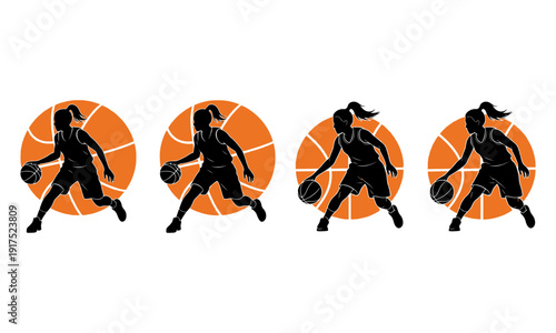 Dynamic female basketball player silhouette jump shot action vector illustration